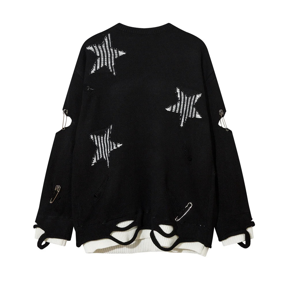 2023 Hip Hop Knitted Sweater Streetwear Star Graphic Distressed Ripped Pullover Men Harajuku Casual Knitwear Unisex Punk Street King Limited