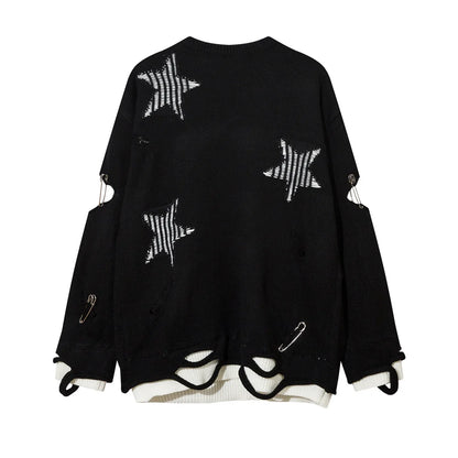 2023 Hip Hop Knitted Sweater Streetwear Star Graphic Distressed Ripped Pullover Men Harajuku Casual Knitwear Unisex Punk Street King Limited