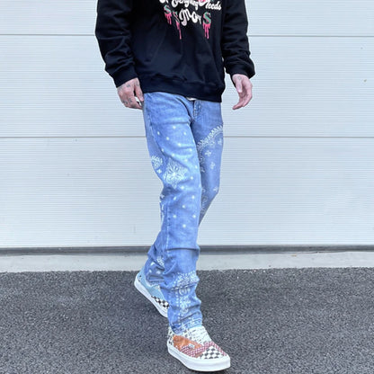 mens high street paisley print denim jeans casual hip hop distressed jeans slim fit skinny denim pants joggers streetwear men streetwear sweatpants