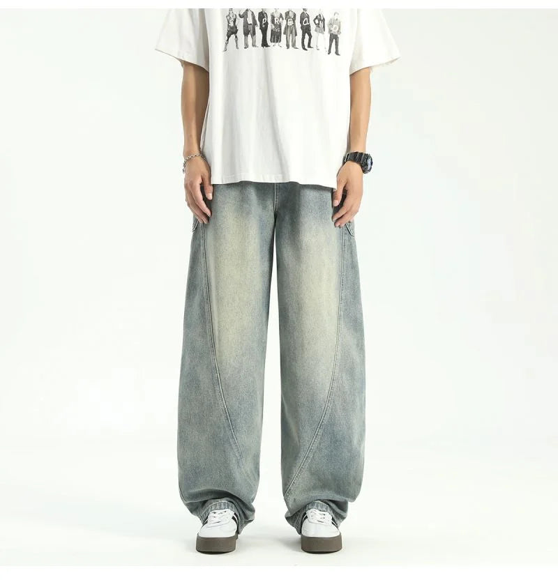 new vintage men s patchwork baggy jeans draped straight leg denim trousers autumn korean fashion high street casual y2k jean unique jeans style 536