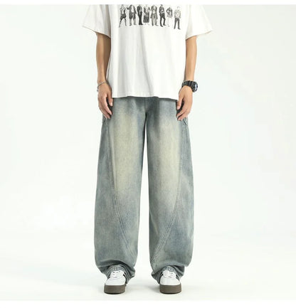 new vintage men s patchwork baggy jeans draped straight leg denim trousers autumn korean fashion high street casual y2k jean unique jeans style 536