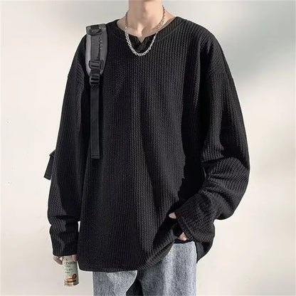Autumn Men's V-neck Long Sleeve T-shirts New Solid Color Jacquard Waffle Pullover Tops High Street Fashion Breathable Tee Shirts Street King Limited