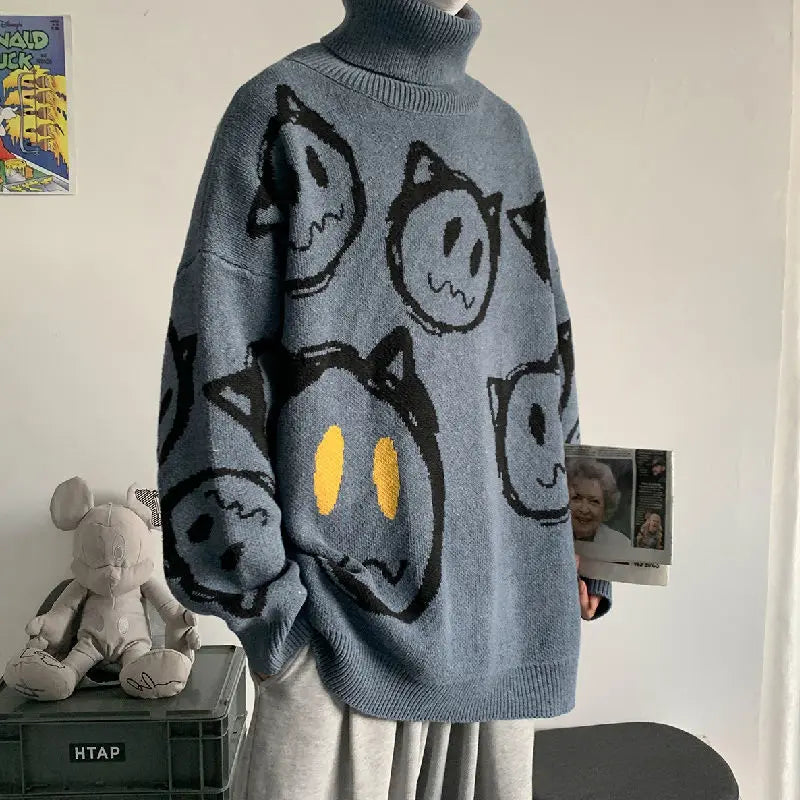 Korean literature art turtleneck sweater men autumn winter lazy style knitted sweater cartoon devil print wool clothes pullovers Street King Limited