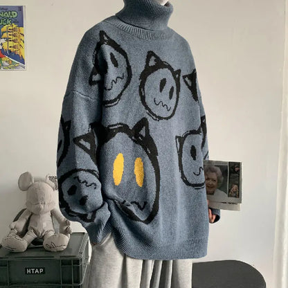 Korean literature art turtleneck sweater men autumn winter lazy style knitted sweater cartoon devil print wool clothes pullovers Street King Limited