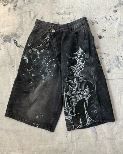 y2k american street retro graffiti anime print oversized denim shorts men shorts high waist fashion loose casual wide leg pants denim street jeans