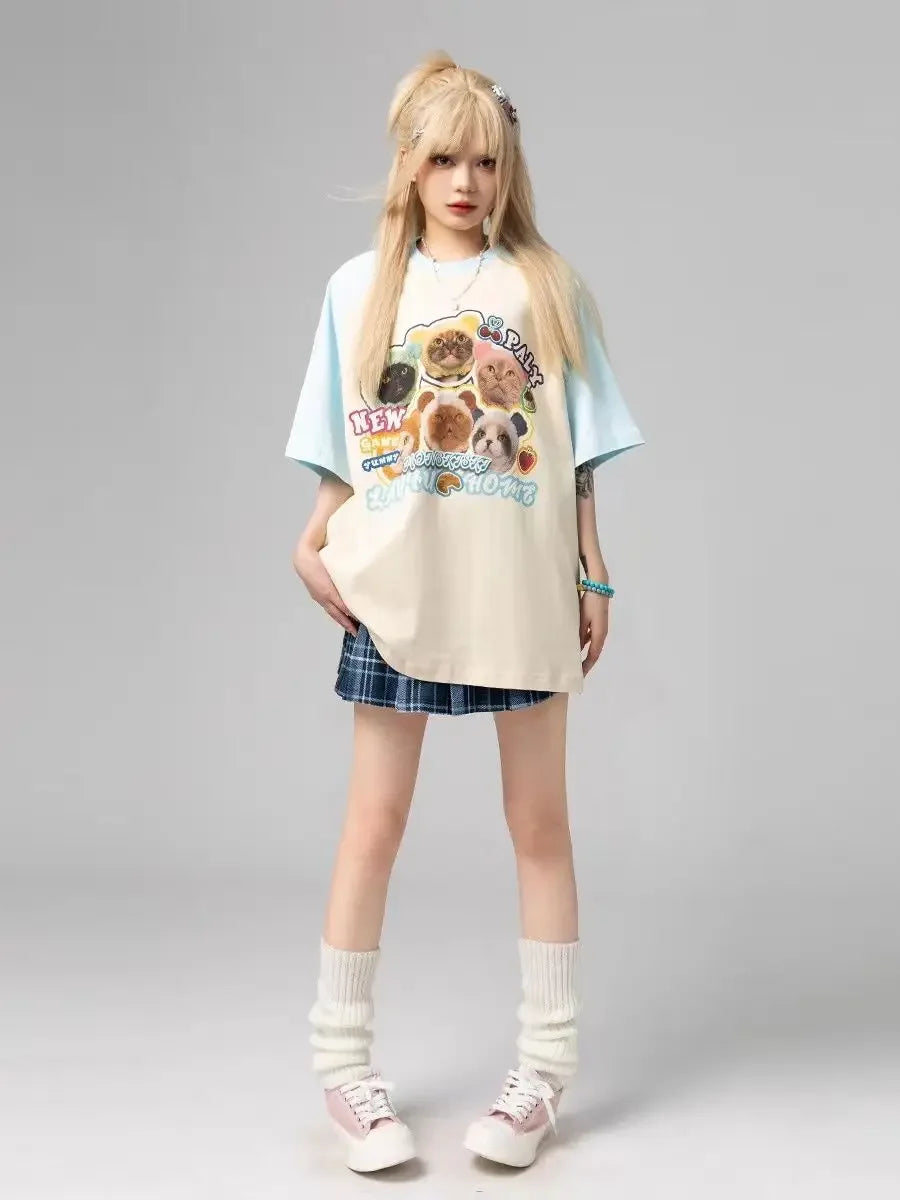 Cat t-shirt women printed raglan sleeves loose casual round neck cute couple half-sleeves y2k top women clothes harajuku kawaii Street King Limited