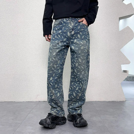 men jacquard loose casual hip hop vibe splice pocket denim baggy jeans pants man streetwear ripped jeans trousers boyfriend ripped baggy denim