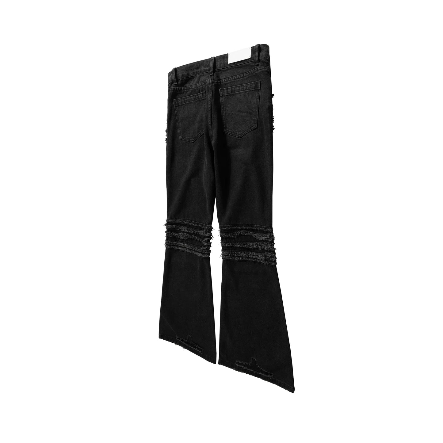 y2k streetwear trendy oversized micro flare jeans black ro hip hop washed tassel distressed denim jean raw edge mens wide pants unique jeans style 4782