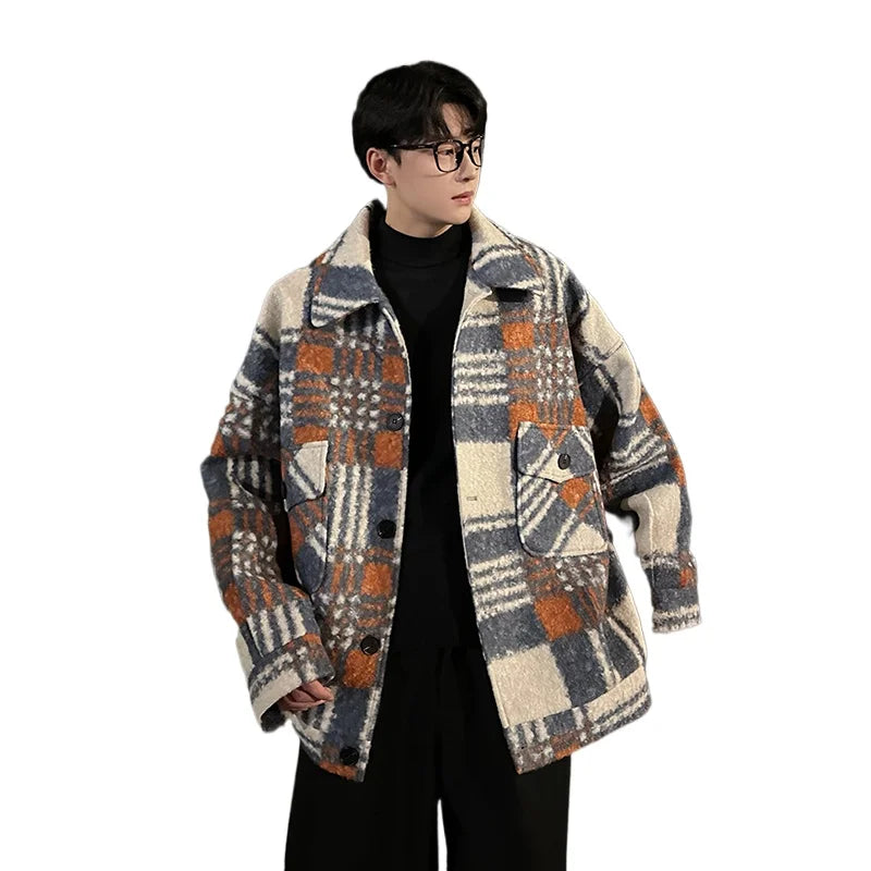 autumn winter campus boy plaid woolen coat men streetwear fashion loose casual retro thick jacket man bomber coat outerwear menswear bottoms