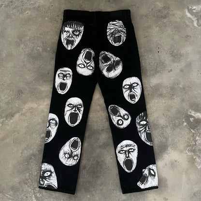 harajuku many ghost faces print y2k men s jeans popular anime baggy jeans wide leg pants streetwear trouser men clothing denim street jeans