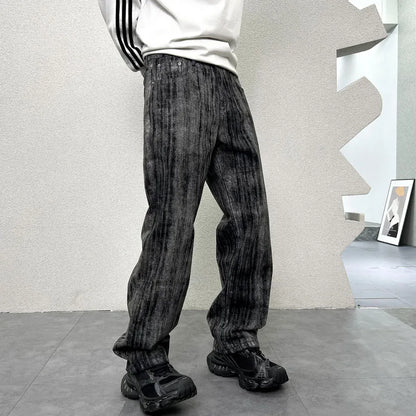 mens streetwear fashion hip hop vibe casual retro tie dyed denim pant jeans cityboy black gray straight jeans trousers denim street jeans