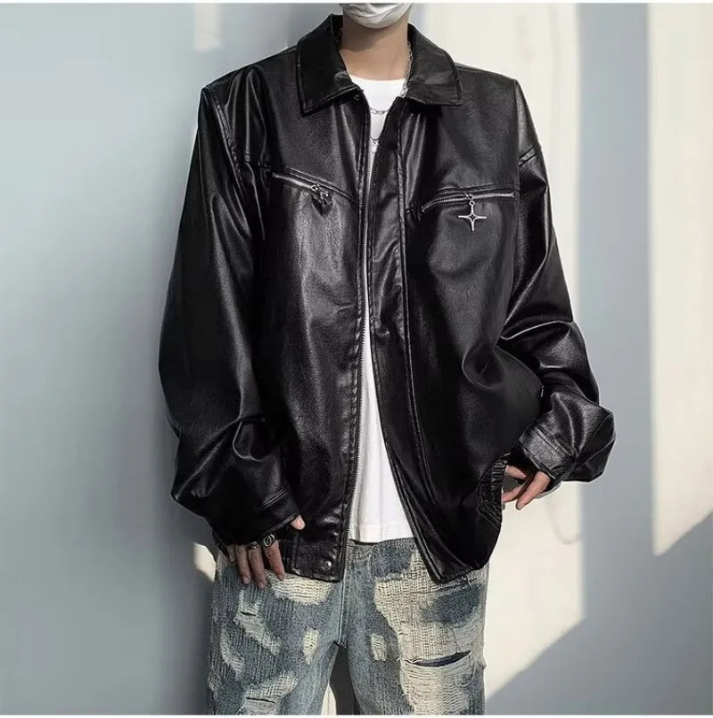retro motorcycle pu leather jacket mens high street punk zipper decoration loose coats unisex hip hop fashion outwear spring unique default style 2051