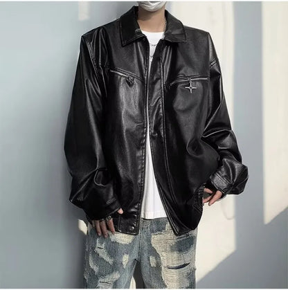 retro motorcycle pu leather jacket mens high street punk zipper decoration loose coats unisex hip hop fashion outwear spring unique default style 2051