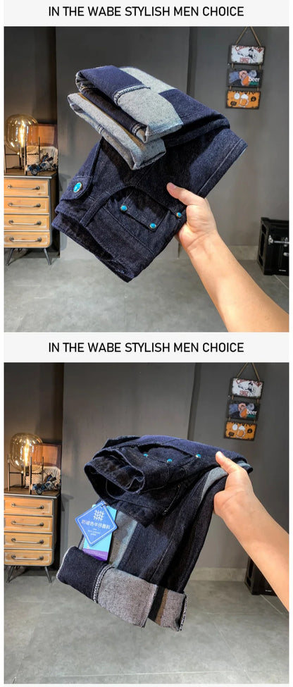 men streetwear splice denim fashion brand hip hop loose casual straight jeans pant cityboy deep blue y2k jeans trousers for men unique jeans style 1762