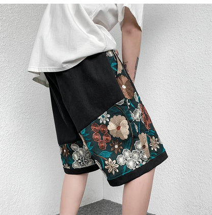 Summer Embroidery Shorts Men Fashion Casual Flower Shorts Mens Japanese Streetwear Loose Hip-hop Straight Shorts Men Plus Size Street King Limited
