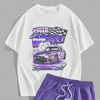casual summer outfit set car graphic t shirts print shotr pants harajuku tracksuit streetwear purple sweatpants y2k men clothing unique joggers style 3879