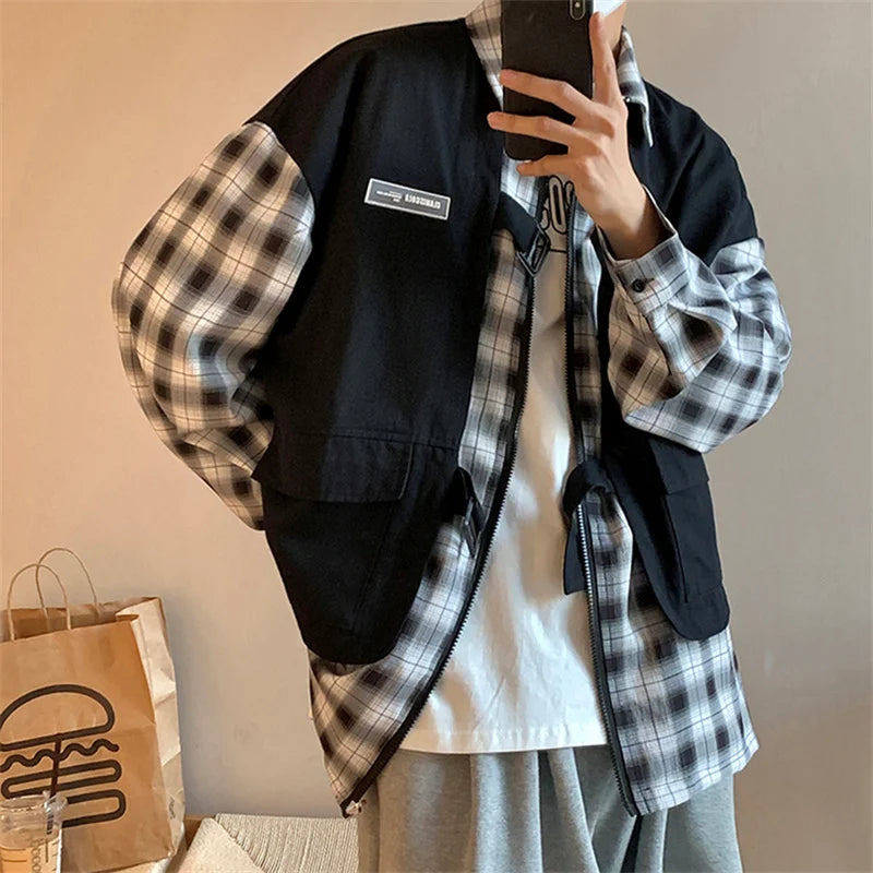 Streetwear New Fake Two Piece Zip Plaid Cargo Shirts Mens Japanese Streetwear Fas 2024 New Fake Two Piece Zip Plaid Cargo Shirts Mens Japanese Streetwear Fashion Social Shirt Autumn Long Sleeve Baggy Y2K Shirt Fashion Sweater Jacket With Graphic Design For Men