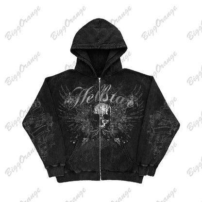 Retro Fashion Gothic Skull Bone Print Oversized Hoodie women Y2K Street Hip Hop Versatile Slim Casual Sweater Clothes Street King Limited