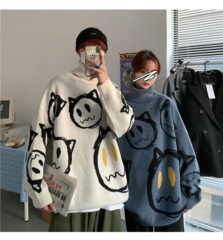 Korean literature art turtleneck sweater men autumn winter lazy style knitted sweater cartoon devil print wool clothes pullovers Street King Limited