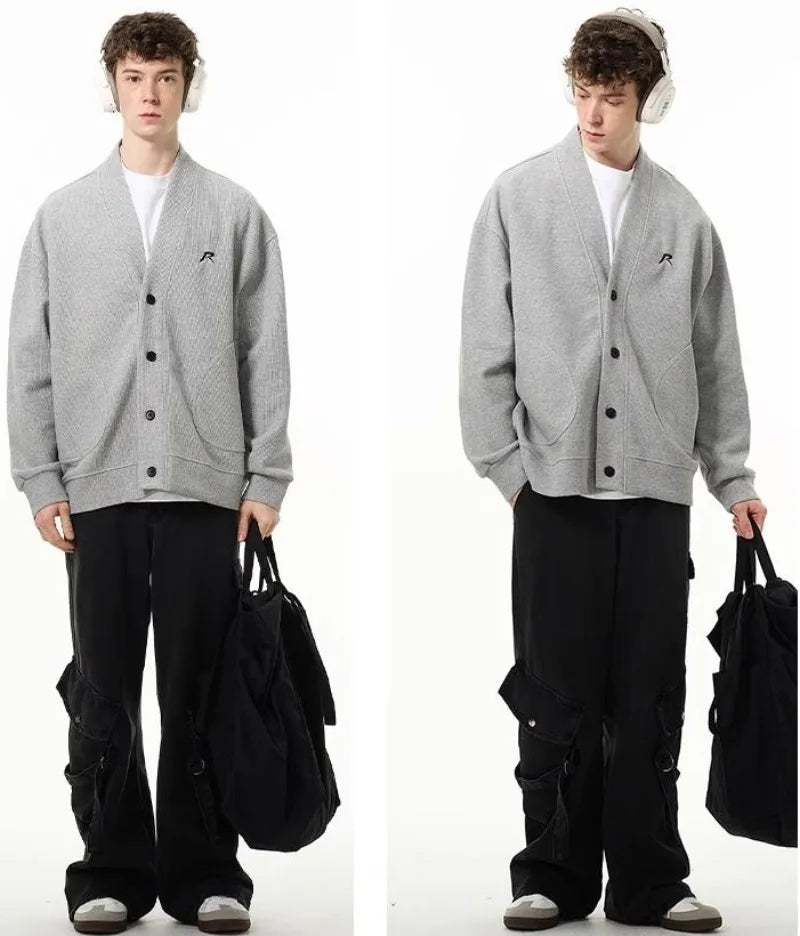 American V-neck Mens Cardigan Spring New Embroidered Casual Loose Couple Knitted Coats Single Breasted Solid Sweater Jackets Street King Limited
