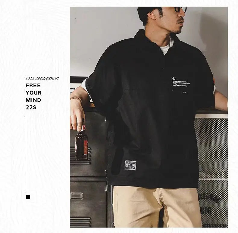 American Vintage Short-Sleeved T-Shirt Men's Summer Vintage Workwear Polo Shirt Loose And Versatile Five-Quarter Sleeve Top Street King Limited