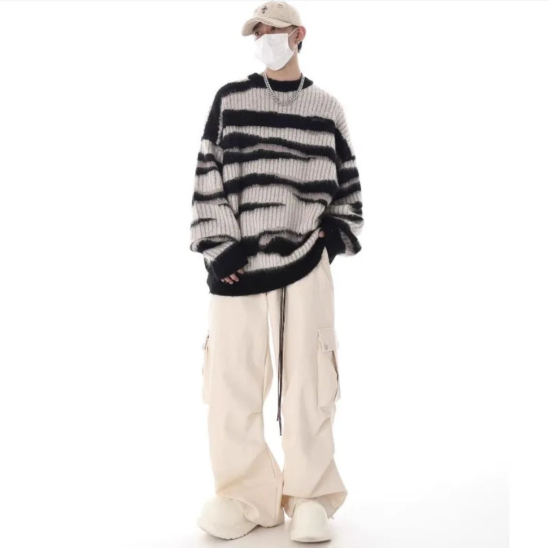 korean hip hop set men striped vintage knit sweater drawstring big pocket cargo pants 2 pcs set spring college casual suit 2024 unique cargo style 4324