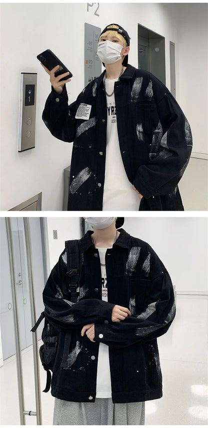 new graffiti tie dye denim jackets for men autumn high street appliques button coats harajuku fashion vintage jeans jacket unique jeans style 108