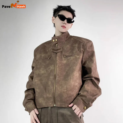 retro motorcycle pu leather jacket mens brown coffee short punk stand collar bomber coats spring high street racing suit new relaxed fit shorts