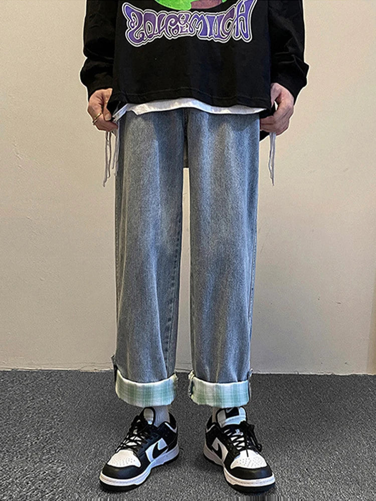autumn plaid cuffs wide leg jeans for men high street fashion straight denim pants mujer elastic y2k baggy blue jean trousers unique jeans style 843