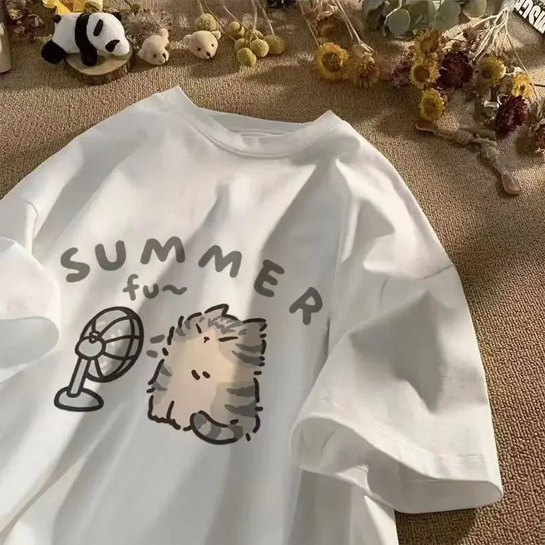 American Street Creative Blow Fan Cat Pure Cotton T-shirt for Men and Women Summer Relaxed Short Sleeve Couple Wear INS Top Street King Limited