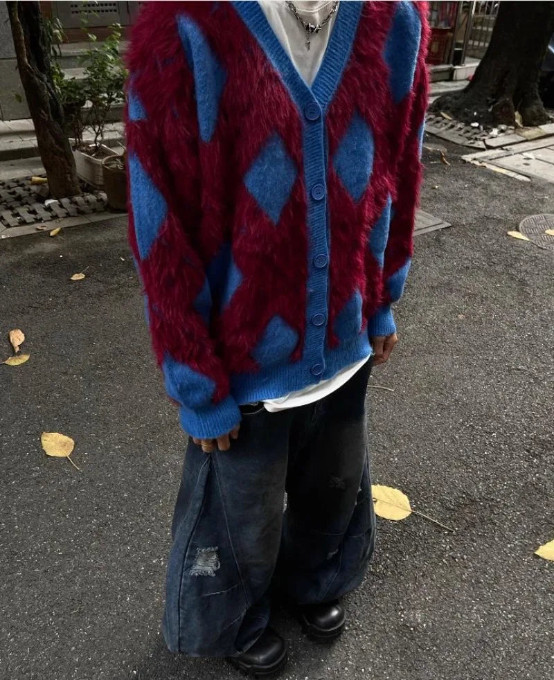 2024 New College Casual Mens Cardigan Autumn Diamond Grid Color Block Street Unisex Knitted Jacket Loose V-neck Sweater Coats Street King Limited