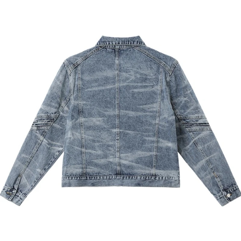 vintage washed mens denim jacket heavy weight high street contour pleat design cowboy coats short motorcycle hip hop outwear urban skinny jeans