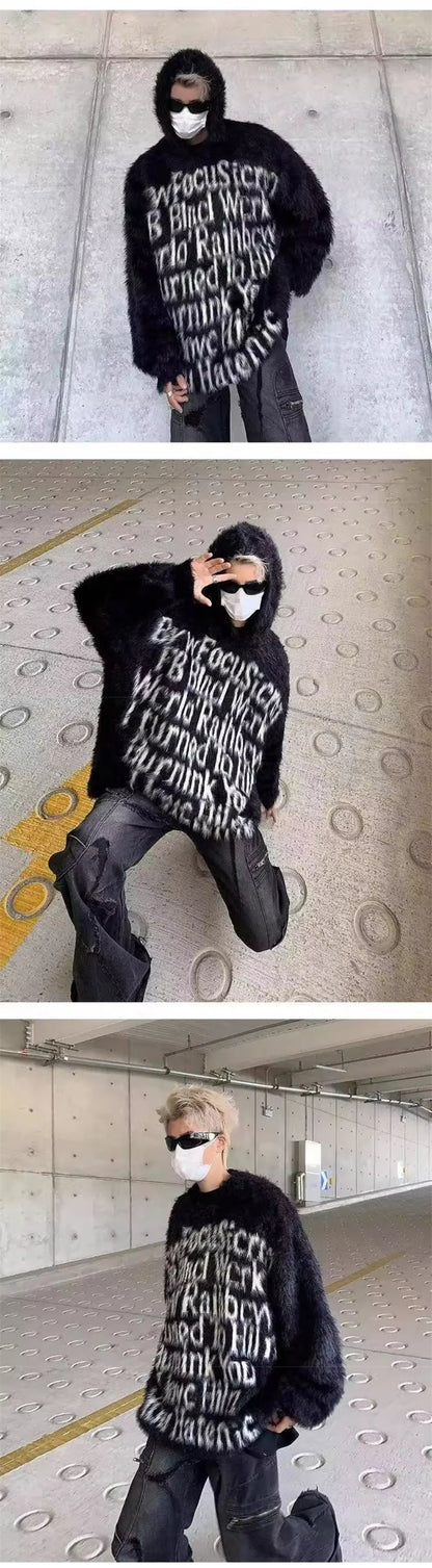 American Goth Fashion Hooded Sweater Mens Hip Hop Letter Jacquard Knit