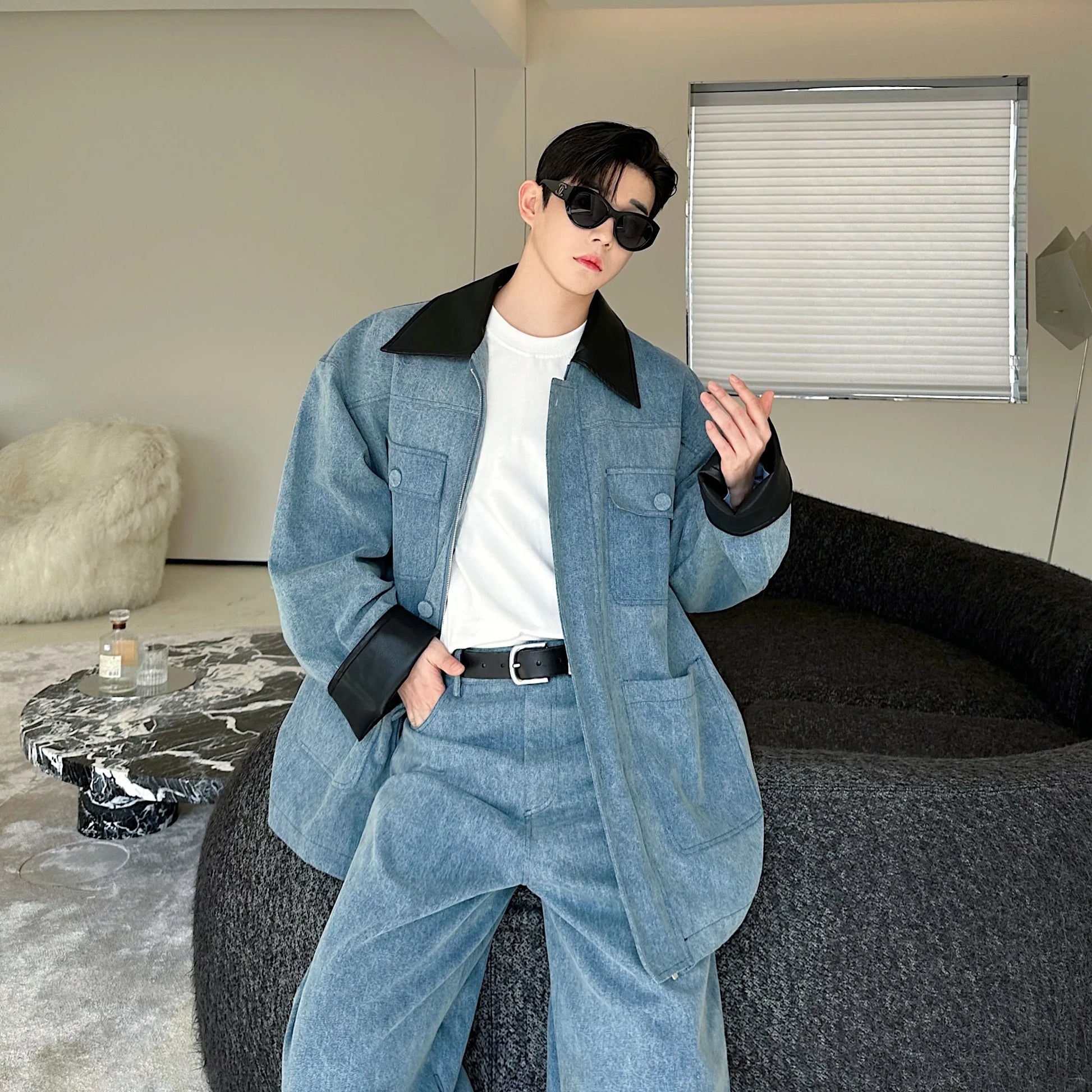 fashion show suits men streetwear washed denim splice loose casual jacket wide leg jeans pants 2 piece sets coat trousers suits unique jeans style 2631