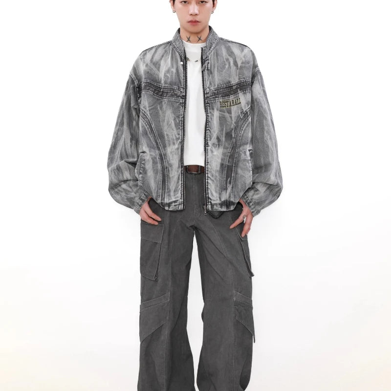 autumn high street washed denim jacket mens vintage graffiti printing stand collar motorcycle coats patchwork punk cowboy tops urban skinny jeans
