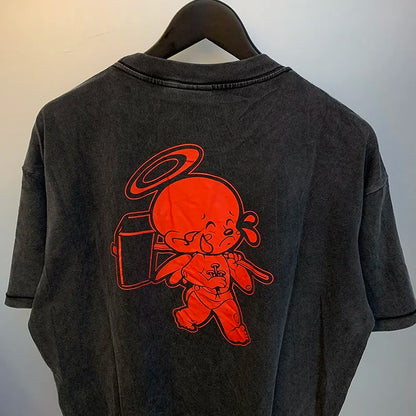2024ss Sheep Lion Head Printing T Shirt Michael Men Woman Good Quality Vintage Wash Black O-Neck Loose Casual Tops Tee Street King Limited