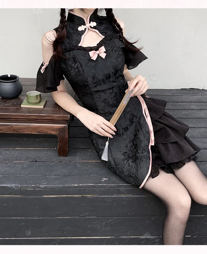 Vintage Chinese Style Cheongsam High Split Mini Dress 2024 Tie Dye Gothic Women Aesthetic Bandage Dresses Y2k Sexy Bodycon Robe Street King Limited