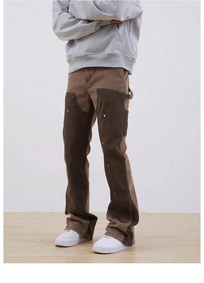 streetwear cleanfit double knee graffiti baggy pants jeans y2k vintage flare denim pants men patchwork patches for women clothes unique jeans style 118