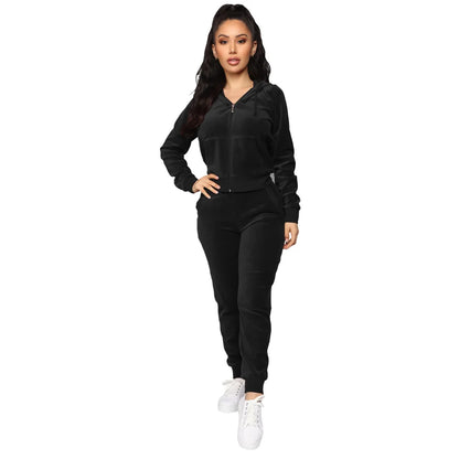 Women's Velvet Hooded Zipper Sweater Elastic Waist Trousers Two-piece Set Fashion Personality Trend Clothing Two-piece Slim Suit Street King Limited