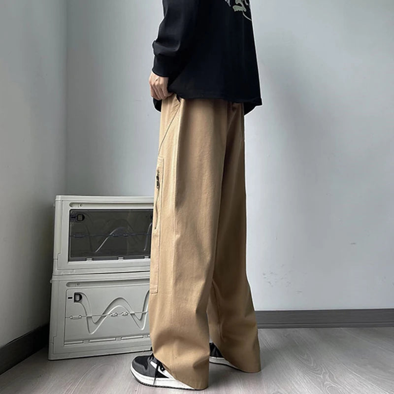 new korean fashion cargo straight pants for men autumn casual zipper pocket drawstring trousers classic tactical y2k pantalones 1 unique cargo style 234