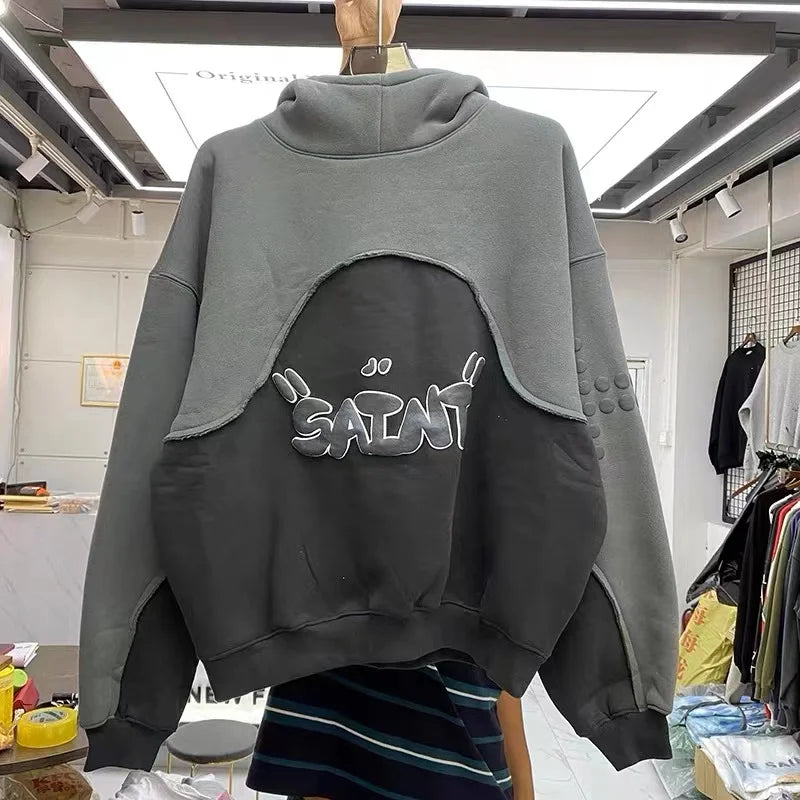Three-dimensional foam splicing color hoodie plus fleece hoodie men and women Street King Limited