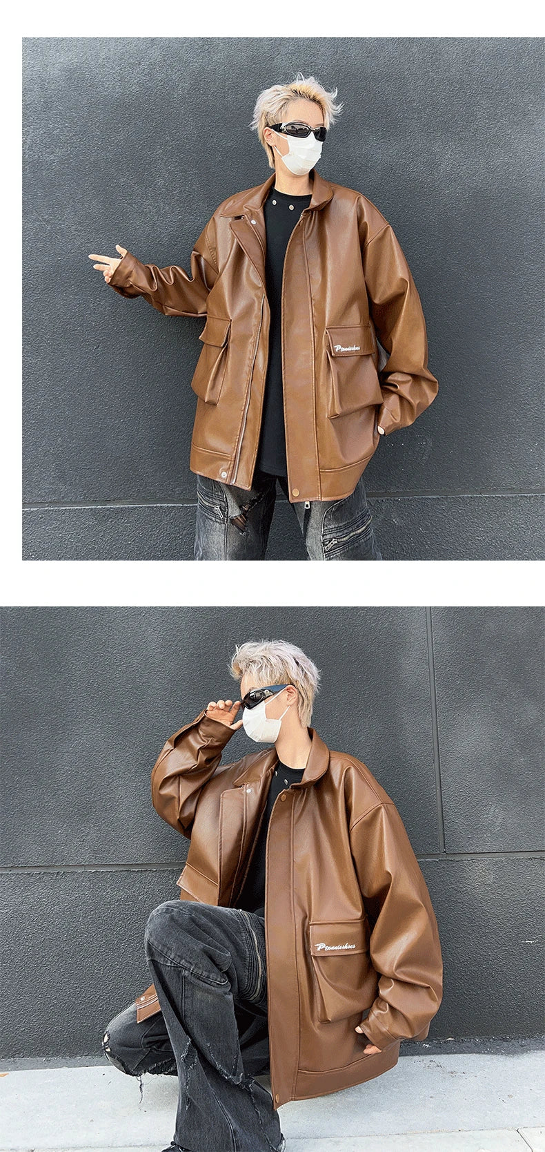 autumn motorcycle pu jacket coat for men leisure trendy workwear jacket niche ruffian handsome double neckline design jacket unique default style 5944