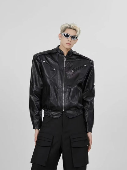 short pu leather jacket men shoulder pad stand collar trend bomber outwear 2023 korean streetwear zipper unisex motorcycle coat unique shorts style 2324