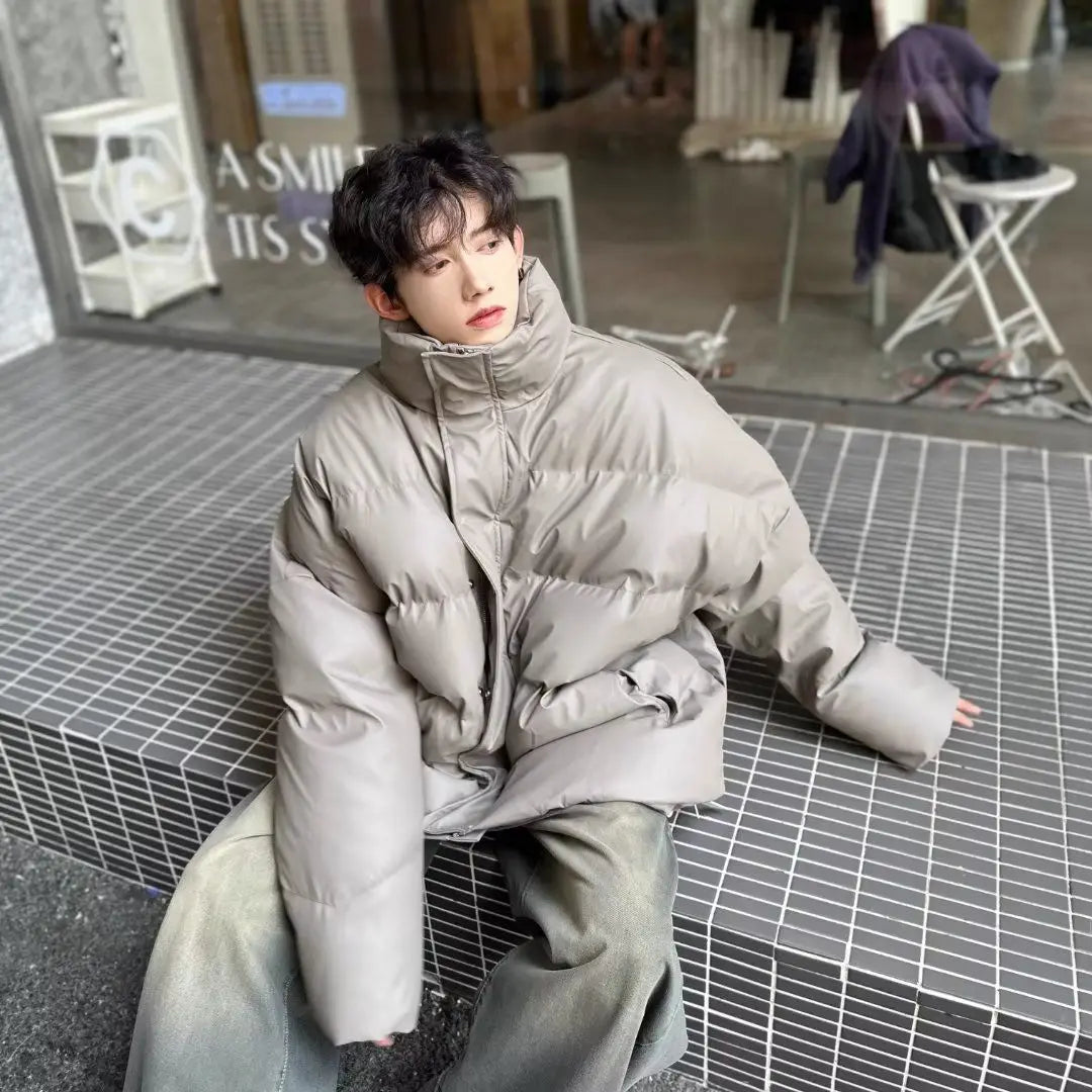 Winter Korean style stand up collar trend PU leather men and women high-end feeling thick cotton jacket couple loose casual top Street King Limited