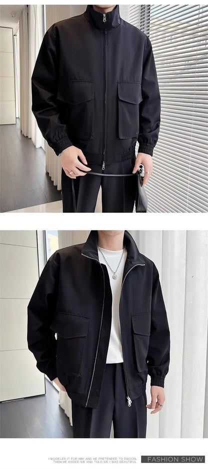 autumn solid color cargo jackets for men new korean fashion zipper cardigan coats stand collar streetwear bomber jacket hombre unique cargo style 1662