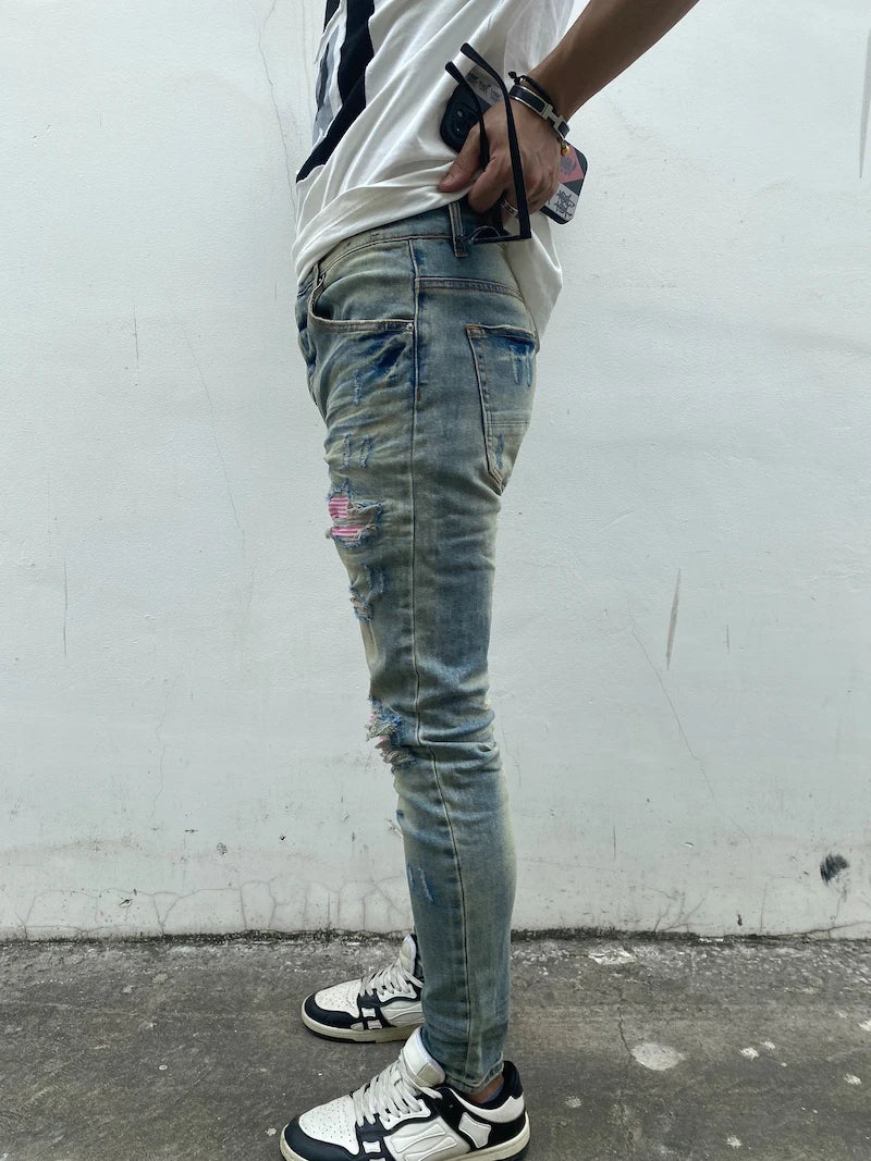 destroied ripped holes patckwork denim jean mens casual distressed washed biker jeans new fashion high street slim pants joggers relaxed fit joggers