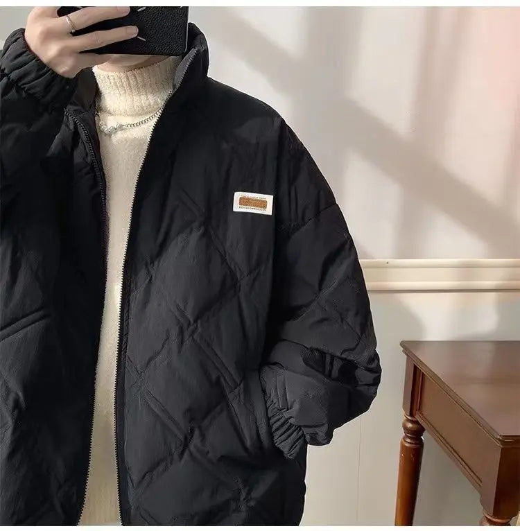 Winter personalized diamond grid cotton coat for men loose stand up collar trend for couples American loose retro casual top y2k Street King Limited