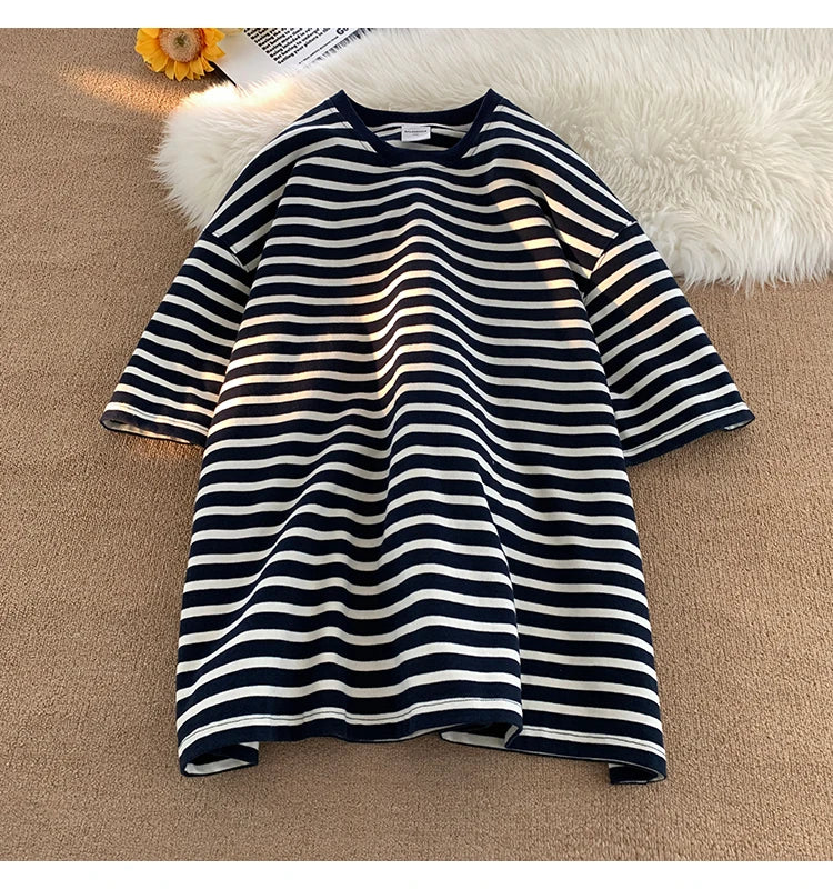 Japanese Striped Contrasting Color Short-Sleeved T-Shirt Men's Summer Pure Cotton 280g Heavy Loose Half-Sleeved T-Shirt Street King Limited