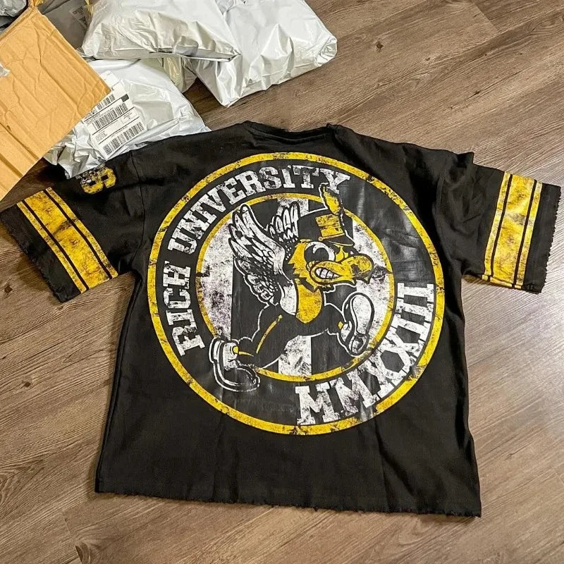 American Summer Hip-hop Rock Clothing Men Y2k Harajuku High Street Letter Cartoon Print Oversized Short-sleeved T-shirt Women Street King Limited
