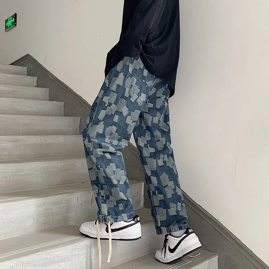 american plaid straight jeans mens casual streetwear printed denim pants autumn baggy classic wide leg retro y2k jean trousers denim street jeans